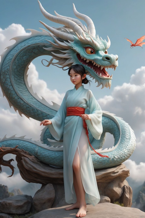 A girl wearing thin gauze,in a light and flowing outfit intertwined with a dragon,Create a distinct 3D visualization of a miniature Chinese dragon,full of characters and characters,lively in a transitional setting The backlog should be brief,having a clear blue sky or soft clouds,to keep the focus on the dragon's reliable design The dragon itself should have feature realistic textures and a lifestyle,engaging expression,captured in a way that showcases its magnetic,mythical nature in a heartbeat,invading Manner, looking at the camera,(pore:1.2),asia,ultimate details,