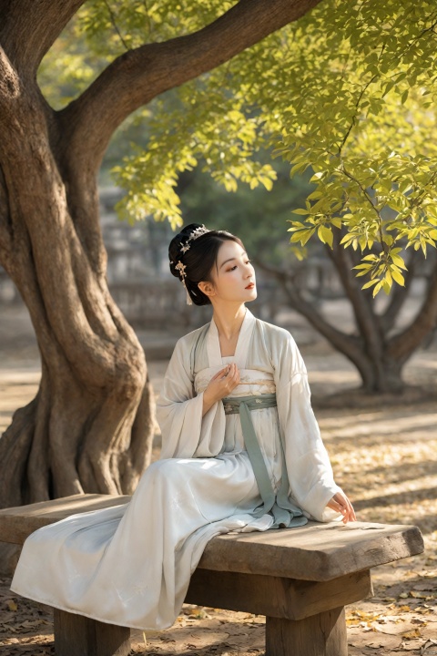 A woman in Hanfu sits on a wooden bench under an ancient tree, the leaves casting dappled shadows on her face. The sun filters through the branches, creating a pattern of light and shade that plays across her serene expression. She is lost in thought, her hands folded in her lap, as if contemplating the wisdom of the centuries-old tree.
