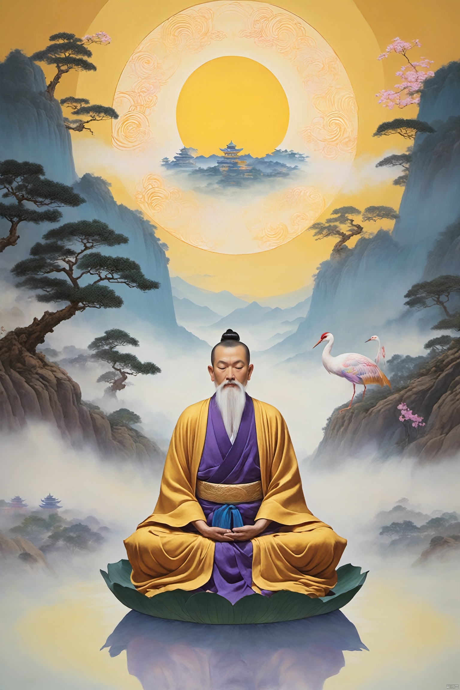 A cultivator in Daoist robes meditates in a valley, with three halos above, interwoven with golden, blue, and purple lights, radiating energy that symbolizes the union of essence, energy, and spirit. The backdrop is a misty landscape painting, with the halos' edges shimmering with a mystical glow, and lotus flowers and cranes adding to the transcendent atmosphere of cultivation.