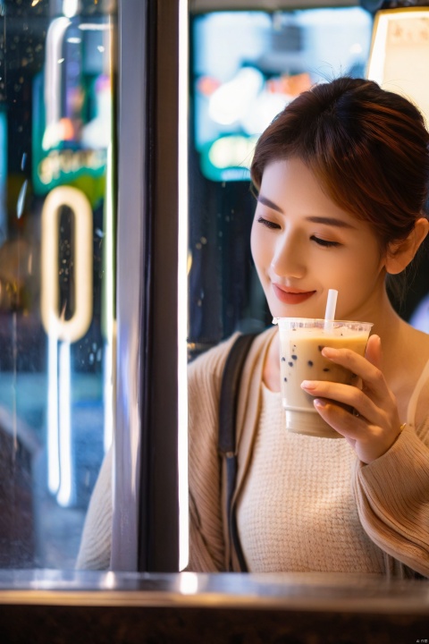 A young woman in her early twenties sits in a modern milk tea shop, holding a steaming cup of milk tea in her hands. Her eyes show a hint of contentment as she occasionally glances out the window, where the street scene creates a dynamic canvas on the glass. The soft lighting inside the shop mingles with the aroma of the milk tea, creating a relaxed and joyful atmosphere. She gently blows on the milk tea, sipping it with care, as if savoring a small but certain happiness of her own.