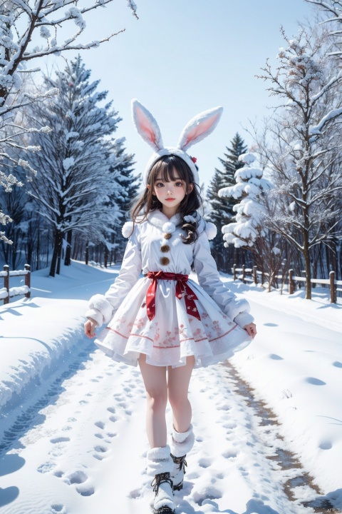  tutututu,On the snow-covered landscape, the girl wearing rabbit ear hat and goggles looks like a sprite of the snow. The red flowers on her white dress stand out vibrantly against the snowy white, leaving cheerful footprints on the ground, enjoying the joyful moments of winter.. rabbit ears