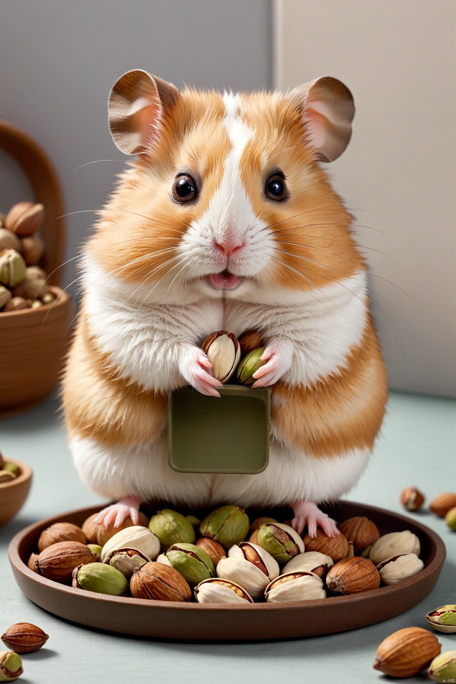 Cute animal, a hamster with white and brown patterns, facing the camera, holding a tray filled with various nuts and pistachios, cute style, realistic,