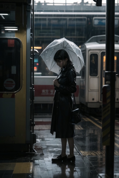 A young woman stands on a rain-soaked train platform, her tears mingling with the rain, blurring her features. Her gaze follows the departing train, her handkerchief clutched tightly as if suppressing deep sorrow. The platform lights appear particularly dim in the rain, and her silhouette is especially lonely under the glow.
