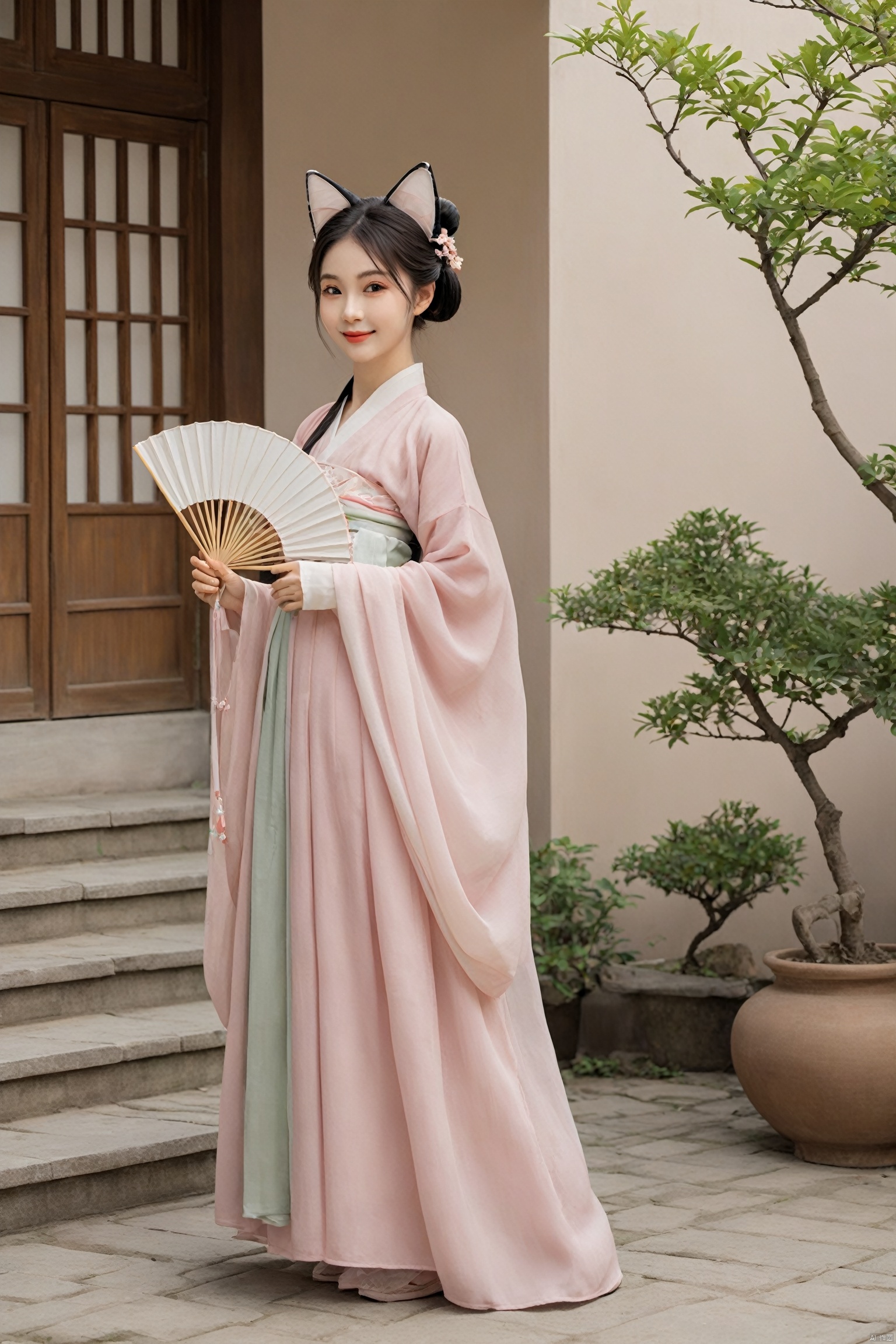 A catgirl in Hanfu stands in an antique courtyard, her cat ears and tail complementing the elegance of the traditional attire. She holds a folding fan in her hand, a sweet smile on her face, as if awaiting a spring rendezvous. The skirt of the Hanfu sways gently with the breeze, harmoniously blending with her catgirl traits., hanfu