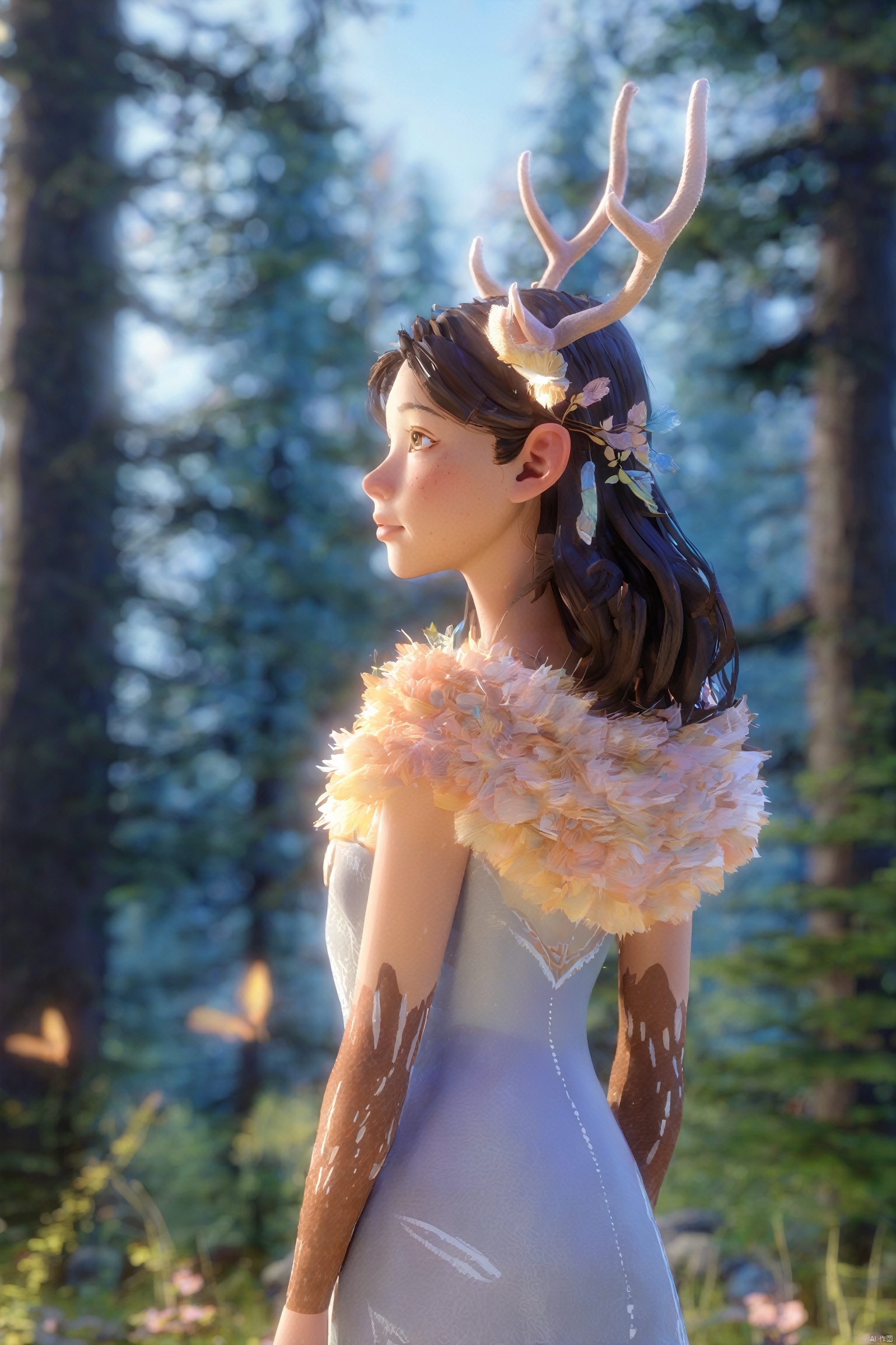 A character with the features of a deer, her antlers adorned with flowers, stands in a forest clearing at twilight. The soft, blue light of the evening sky filters through the trees, casting a cool, ethereal glow on her face and the delicate patterns on her fur. The forest is quiet, and the light creates a peaceful ambiance as she gazes into the distance.