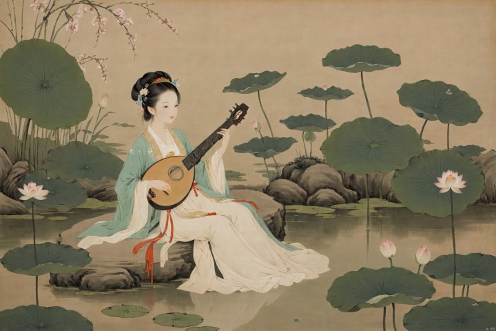 The woman, dressed in traditional Hanfu, sits on a green stone by the pond, gently strumming her biwa lute. The blooming lotus flowers and darting dragonflies complement the melodious notes of the pipa, creating a harmonious scene of movement and stillness., traditional chinese ink painting