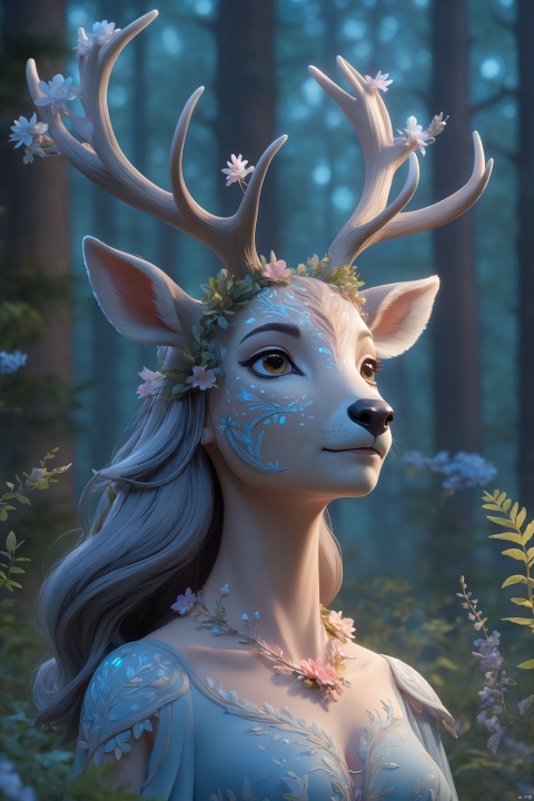A character with the features of a deer, her antlers adorned with flowers, stands in a forest clearing at twilight. The soft, blue light of the evening sky filters through the trees, casting a cool, ethereal glow on her face and the delicate patterns on her fur. The forest is quiet, and the light creates a peaceful ambiance as she gazes into the distance.