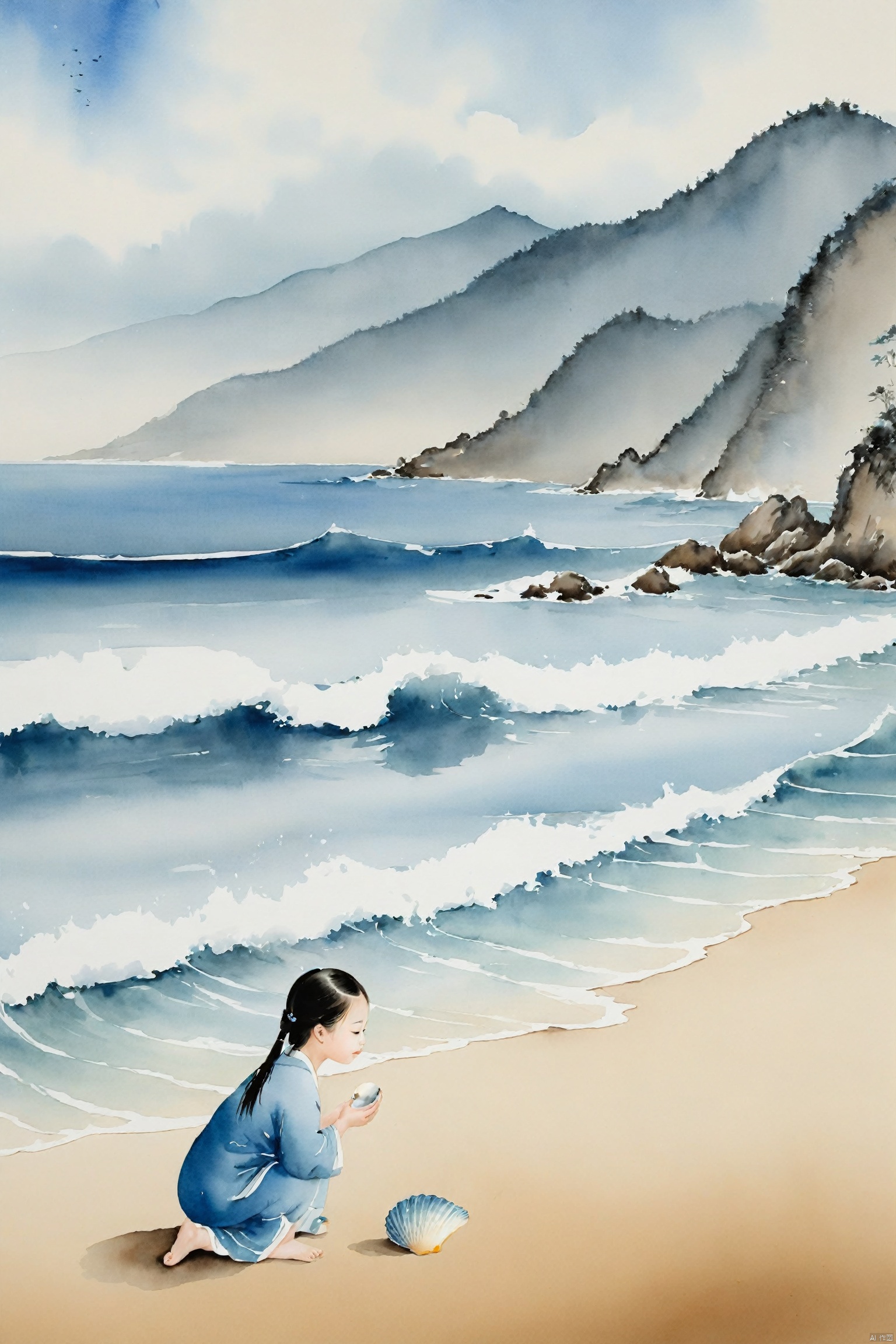  traditional chinese ink painting,A little lovely girl on the beach by the sea, holds a seashell in her hand, intently listening to the sound of the waves. Behind her is a vast expanse of blue ocean, with waves gently lapping the shore, creating a harmonious scene with the girl's tranquility.