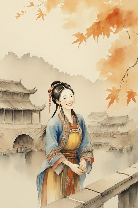  A traditional Chinese watercolor painting depicting an ancient scene. Extremely content happy smile, A yong woman in Nanjing, in autumn at morning, miaoyuansu3, chengqiang, miaoyuansu