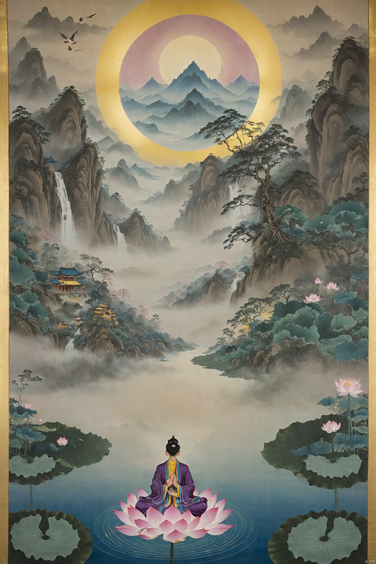 A cultivator in Daoist robes meditates in a valley, with three halos above, interwoven with golden, blue, and purple lights, radiating energy that symbolizes the union of essence, energy, and spirit. The backdrop is a misty landscape painting, with the halos' edges shimmering with a mystical glow, and lotus flowers and cranes adding to the transcendent atmosphere of cultivation.