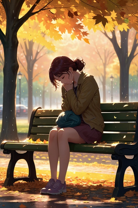 On a park bench, a young woman curls up, hugging her knees, with tears streaking her cheeks. The surrounding trees sway in the wind, and the fallen leaves appear particularly vibrant after the rain. Her silhouette on the bench is exceptionally lonely, as if the world is keeping its distance from her.