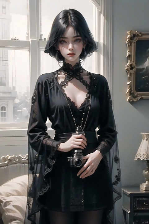 A female model stands in a vintage-themed room, wearing a lace-trimmed black dress that contrasts sharply with the antique furniture. A hint of mystery shines in her eyes, and the vintage camera in her hand serves as a medium for her conversation with the past. The photographer skillfully uses light and shadow to create an atmosphere of time interplay.