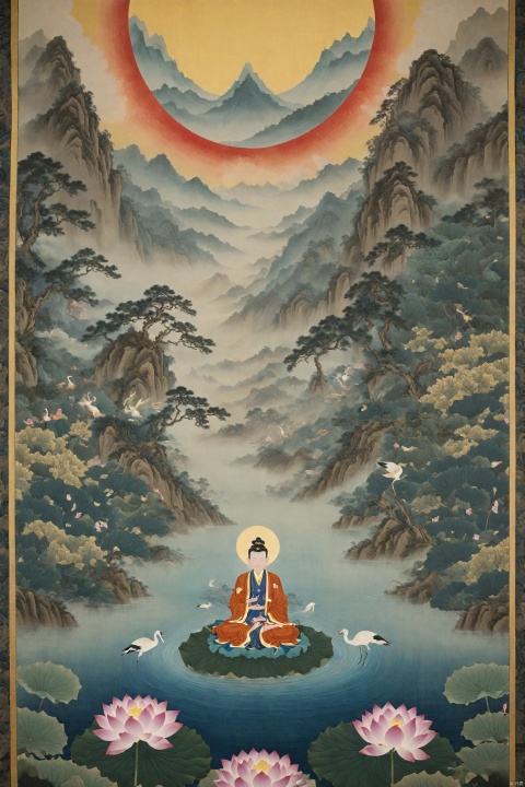 A cultivator in Daoist robes meditates in a valley, with three halos above, interwoven with golden, blue, and purple lights, radiating energy that symbolizes the union of essence, energy, and spirit. The backdrop is a misty landscape painting, with the halos' edges shimmering with a mystical glow, and lotus flowers and cranes adding to the transcendent atmosphere of cultivation.