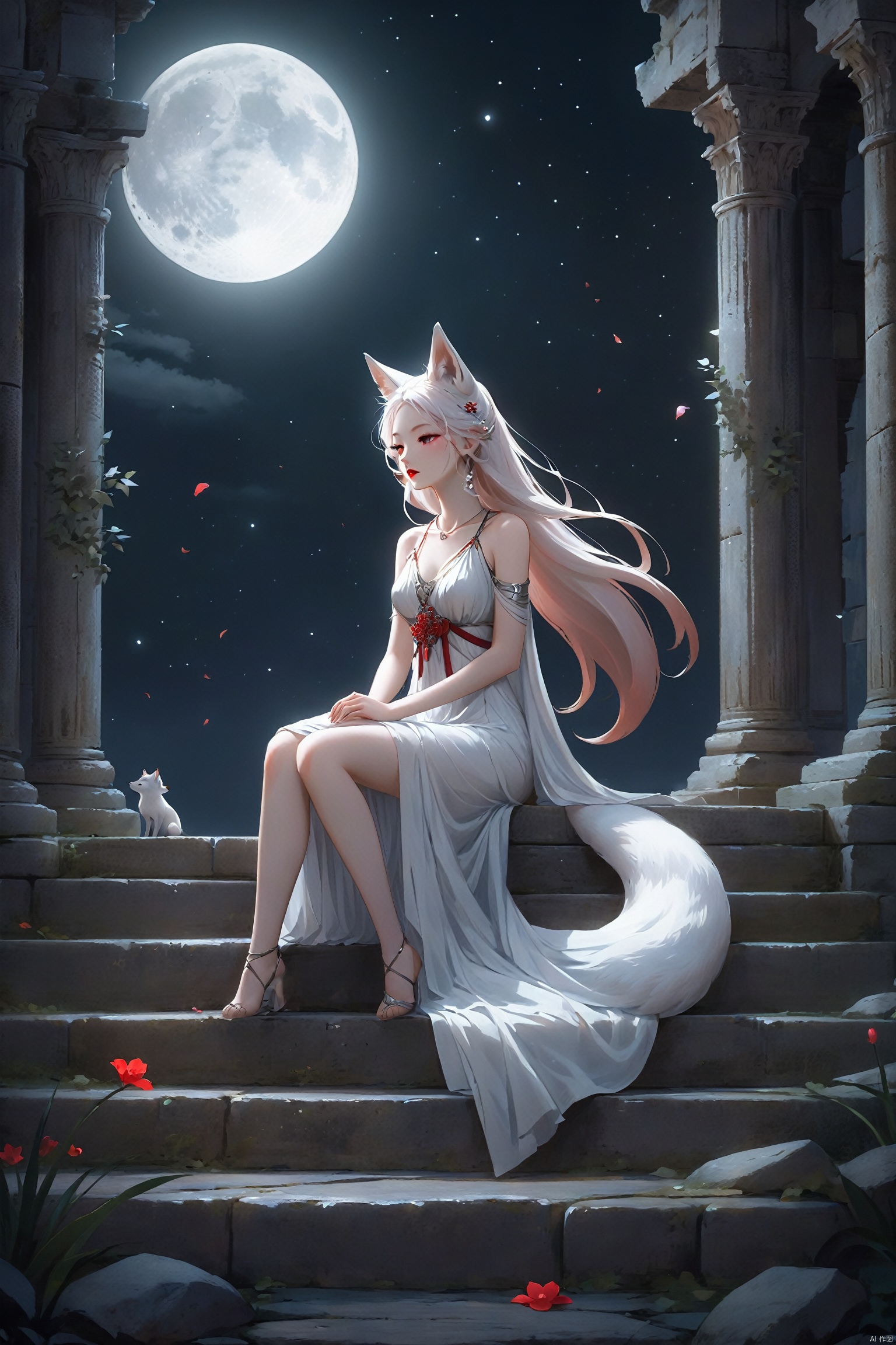 In the ancient ruins bathed in moonlight, the fox spirit sits quietly on a weathered stone step, her fox ears keenly sensitive in the still night, catching the whispers of the dark. Her tail shines with a silver luster in the moonlight, gently rising and falling with her breath. Her dress is the deep color of night, harmonizing with the mysterious atmosphere of the ruins, with the hem fluttering in the night breeze, outlining her sensual figure. Her gaze is deep and captivating, her red lips slightly parted, as if telling ancient tales. Petals fall quietly around her in the moonlight, and she appears as the goddess guarding these ruins, sensual and dignified.