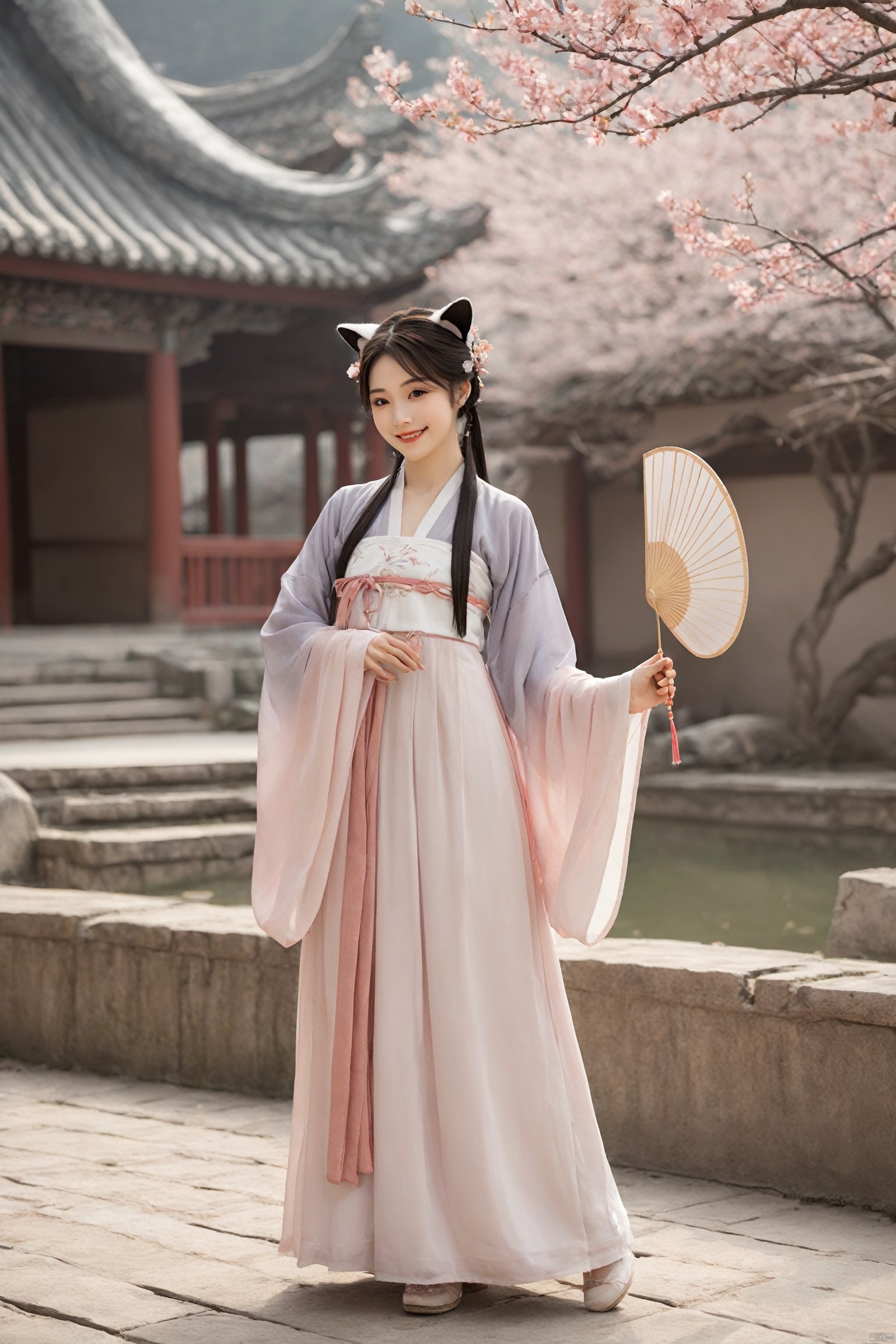 A catgirl in Hanfu stands in an antique courtyard, her cat ears and tail complementing the elegance of the traditional attire. She holds a folding fan in her hand, a sweet smile on her face, as if awaiting a spring rendezvous. The skirt of the Hanfu sways gently with the breeze, harmoniously blending with her catgirl traits., hanfu