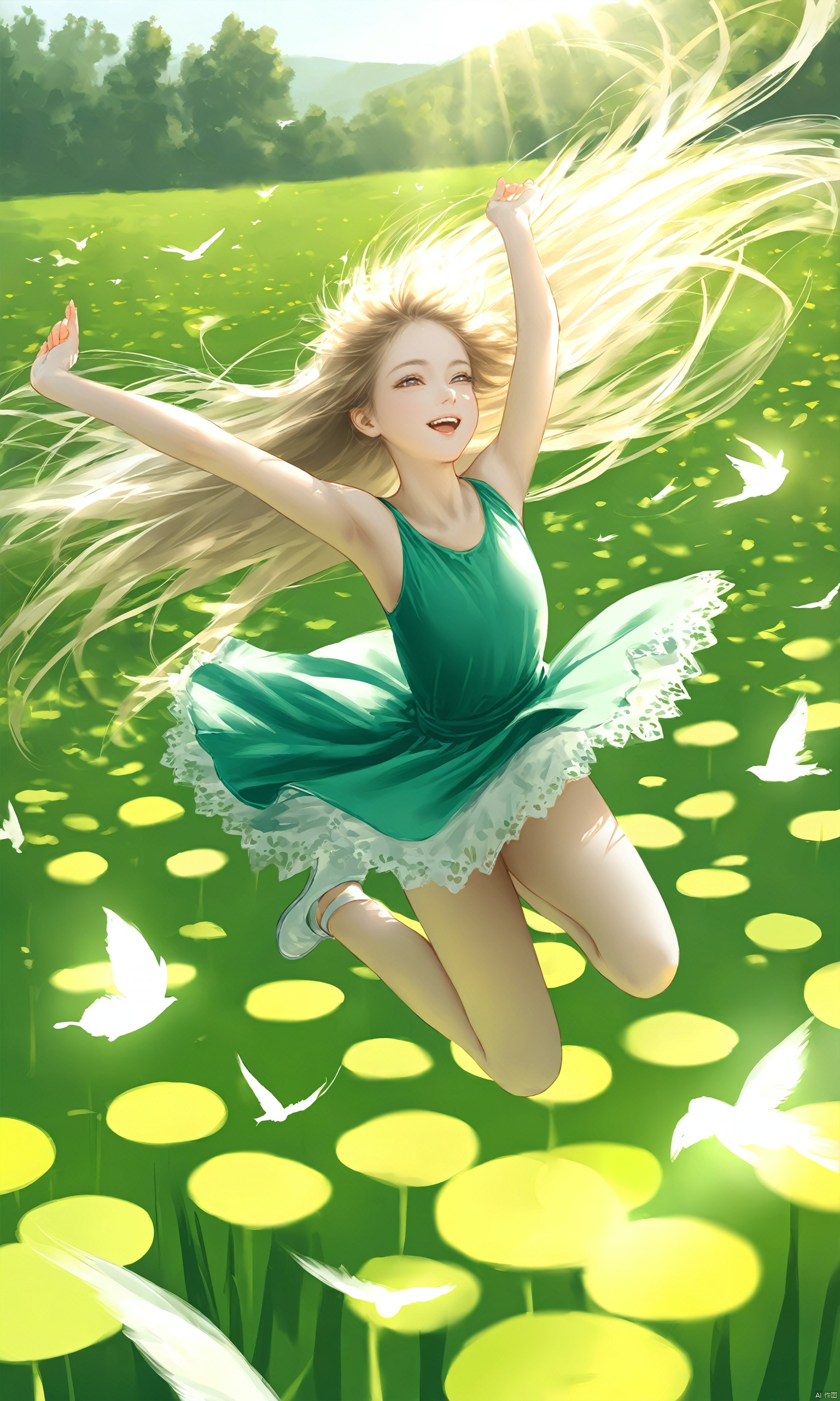  (masterpiece),(bestquality),[realistic,octanerender,3DCG],On a lush green meadow, a young girl is leaping into the air, her long hair fluttering like a ribbon in the wind. Her smile is radiant, her eyes sparkling with the joy of freedom and happiness. Sunlight filters through the gaps in the leaves, casting dappled shadows on her, complementing her graceful figure. Her jump seems to celebrate the infinite possibilities of life, each landing accompanied by cheerful laughter, brimming with the vitality of youth.