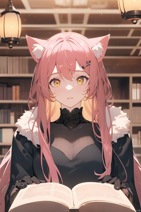  A character with feline traits sits in a quiet corner of a library, her cat ears perked up as she reads a book. The soft, yellow light from the reading lamp casts a gentle glow on her face, highlighting the soft fur on her cheeks and the concentration in her eyes. The scene is a peaceful blend of knowledge and the whimsy of her feline features.