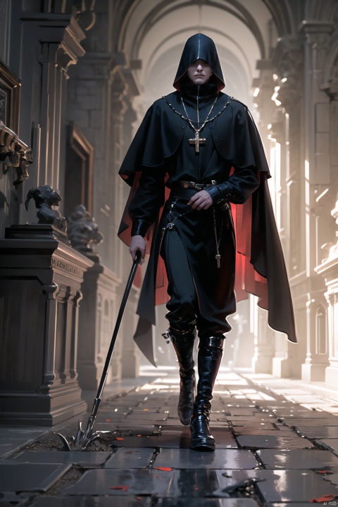 A mysterious man in a black cloak walks down the corridors of a Gothic cathedral. His footsteps echo on the empty stone floor, and the silver cross in his hand glimmers in the faint light. His gaze is resolute, as if he is seeking a divine revelation or fulfilling an undisclosed mission.