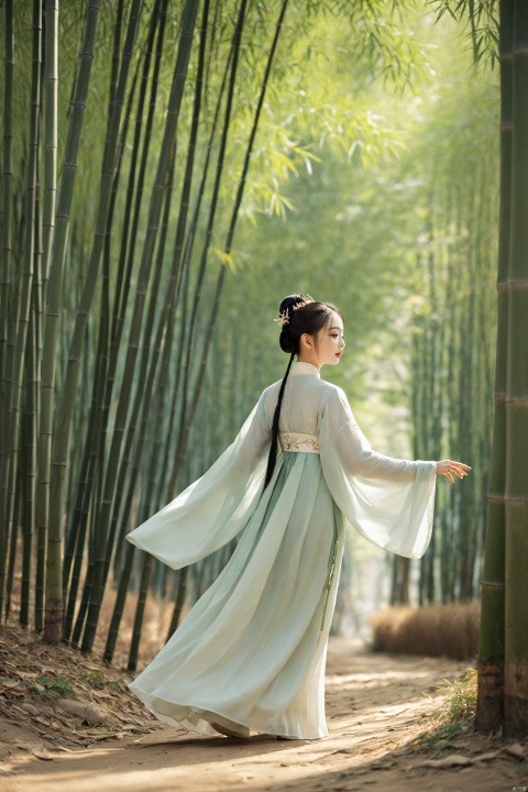 hanfu,A young Chinese woman walks through a bamboo forest, the sunlight filtering through the slender stalks, casting dappled shadows on the ground. The forest is alive with the sound of rustling leaves and the occasional chirp of a bird. She moves with a sense of calm, her presence blending harmoniously with the natural surroundings. The scene is a peaceful exploration, a moment of connection with the natural world.