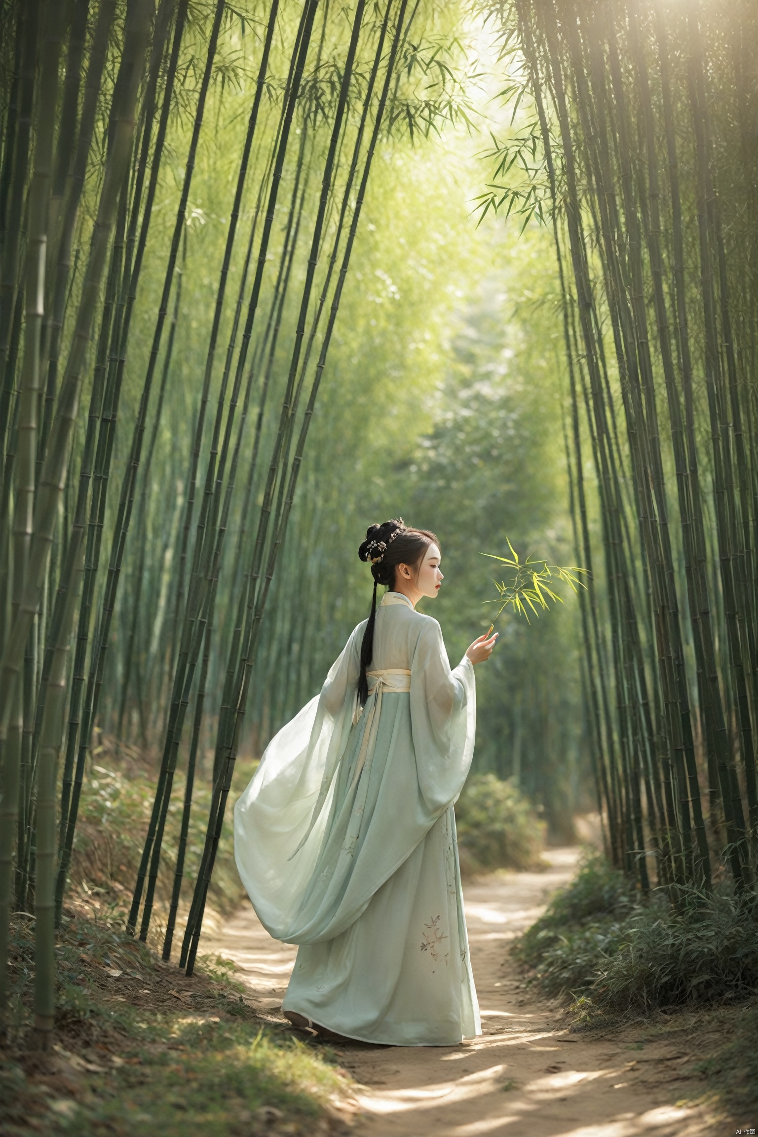 hanfu,A young Chinese woman walks through a bamboo forest, the sunlight filtering through the slender stalks, casting dappled shadows on the ground. The forest is alive with the sound of rustling leaves and the occasional chirp of a bird. She moves with a sense of calm, her presence blending harmoniously with the natural surroundings. The scene is a peaceful exploration, a moment of connection with the natural world.