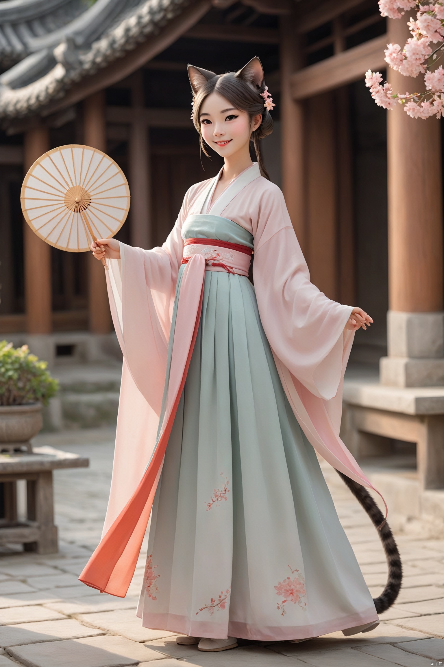 A catgirl in Hanfu stands in an antique courtyard, her cat ears and tail complementing the elegance of the traditional attire. She holds a folding fan in her hand, a sweet smile on her face, as if awaiting a spring rendezvous. The skirt of the Hanfu sways gently with the breeze, harmoniously blending with her catgirl traits., hanfu