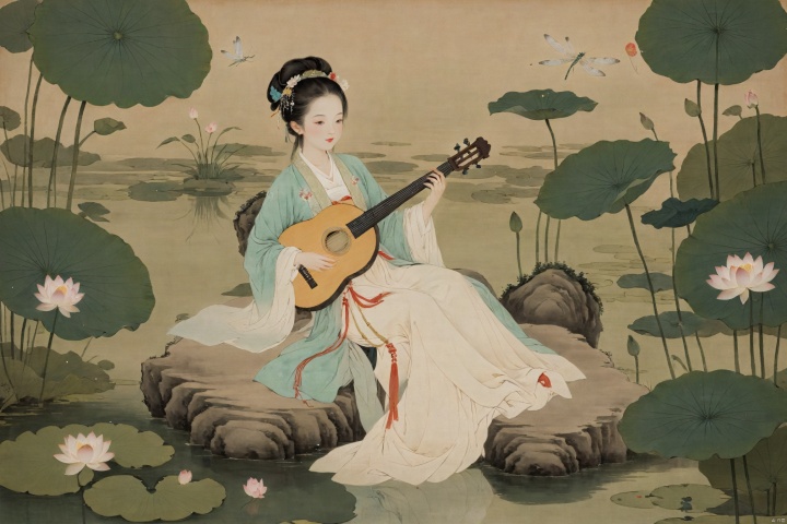 The woman, dressed in traditional Hanfu, sits on a green stone by the pond, gently strumming her biwa lute. The blooming lotus flowers and darting dragonflies complement the melodious notes of the pipa, creating a harmonious scene of movement and stillness., traditional chinese ink painting