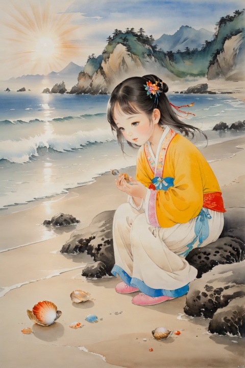 A little girl crouches on the beach, holding a colorful shell in her hands, her eyes full of wonder. Gentle waves lap at the shore, and sunlight sparkles on the sea, creating a serene and beautiful scene., traditional chinese ink painting