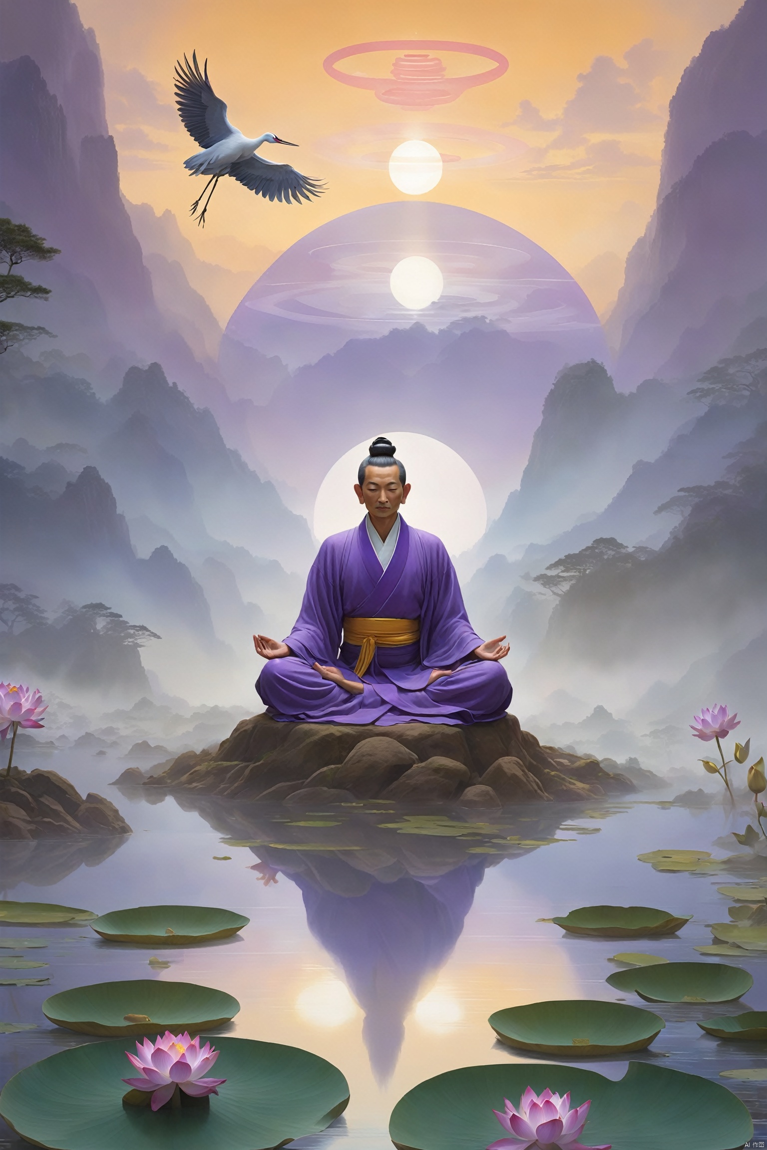 A cultivator in Daoist robes meditates in a valley, with three halos above, interwoven with golden, blue, and purple lights, radiating energy that symbolizes the union of essence, energy, and spirit. The backdrop is a misty landscape painting, with the halos' edges shimmering with a mystical glow, and lotus flowers and cranes adding to the transcendent atmosphere of cultivation.