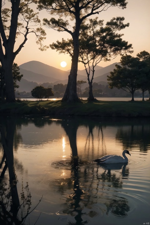  reallistaic art style,By a tranquil lake, the afterglow of the setting sun casts a golden path on the water's surface. The silhouettes of trees are sharply defined against the light, their shadows dancing gently. On the lake, a solitary swan glides gracefully, its reflection rippling on the water.
