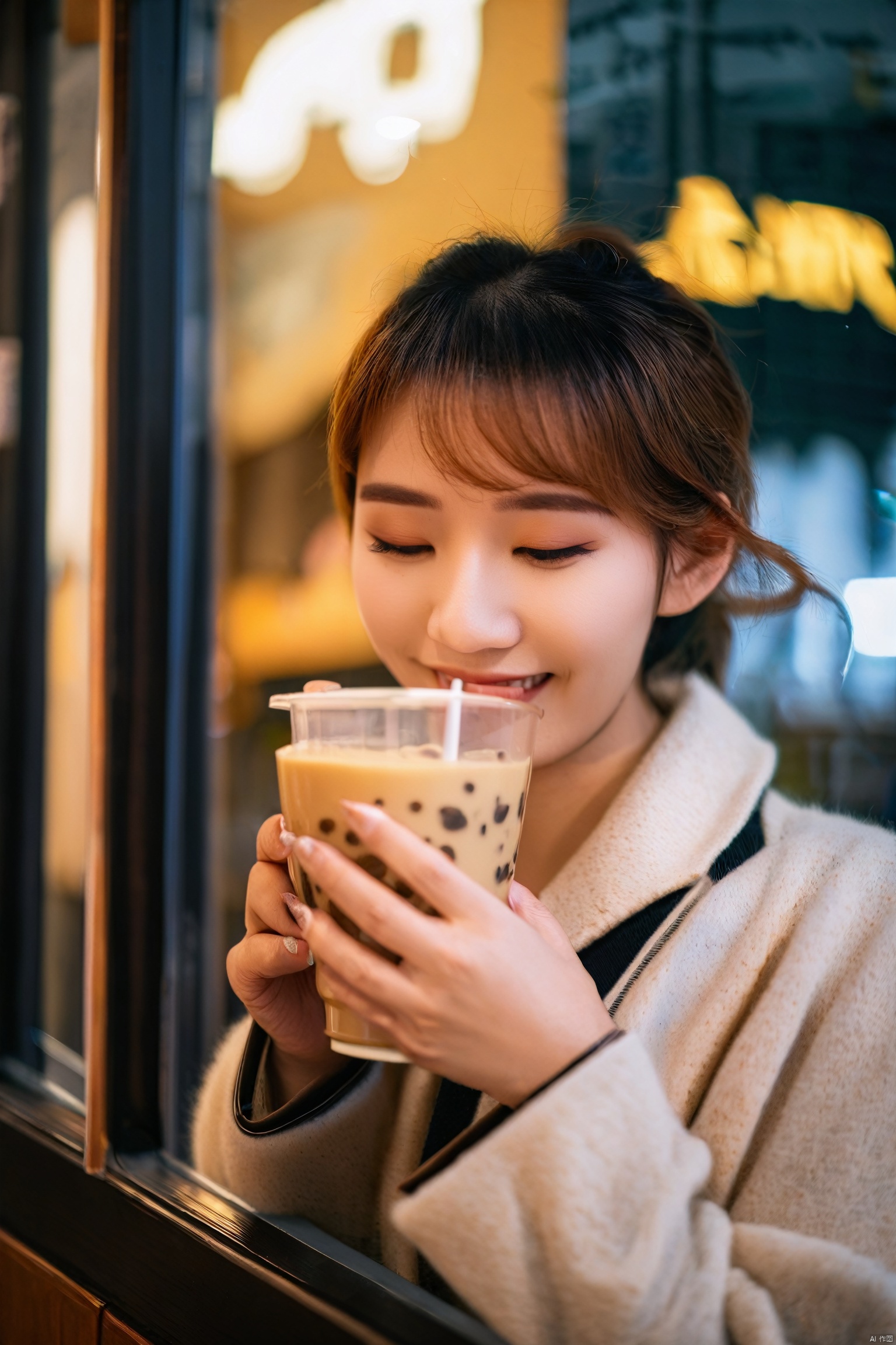  A young woman in her early twenties sits in a modern milk tea shop, holding a steaming cup of milk tea in her hands. Her eyes show a hint of contentment as she occasionally glances out the window, where the street scene creates a dynamic canvas on the glass. The soft lighting inside the shop mingles with the aroma of the milk tea, creating a relaxed and joyful atmosphere. She gently blows on the milk tea, sipping it with care, as if savoring a small but certain happiness of her own.