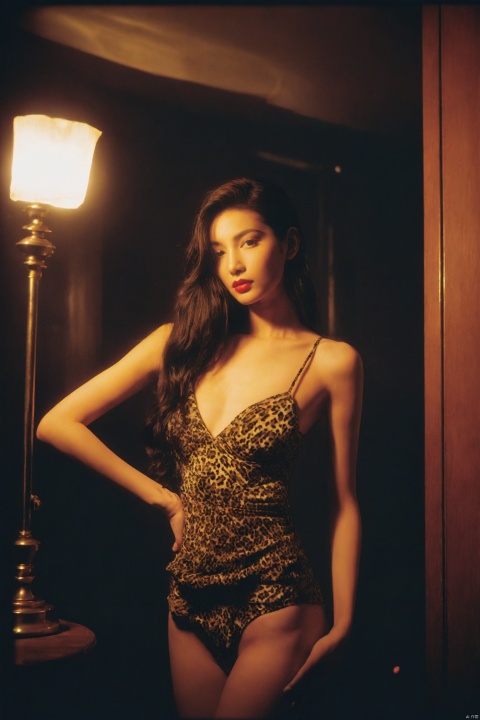  Faded Polaroid photo, medium shot, a girl in leopard print lingerie stands in a dimly lit room. Her gaze is flirtatious, her posture elegant, and her long hair casually draped. Her hand lightly rests on her waist, while the other holds a phone, as if capturing a daring selfie. The room's lights are dim and ethereal, casting a play of light and shadow on her that adds an air of mystery and sensuality to the scene., mugglelight