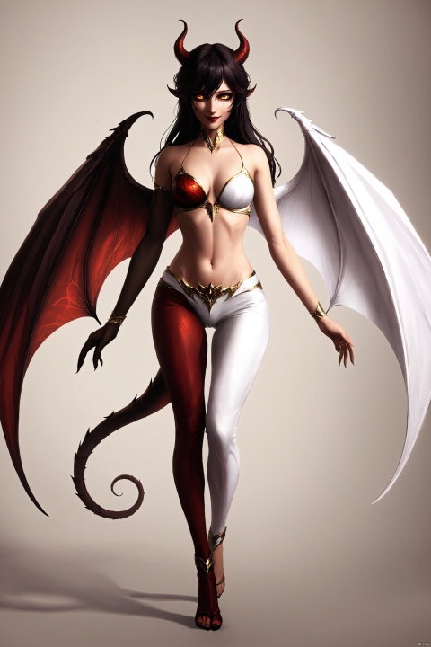 She stands in the dim light, a mysterious and contradictory being. The left half of her body is that of an ordinary human woman, with soft curves and warm skin, dressed in a simple white blouse and jeans, exuding the simplicity of everyday life. However, the right half of her body belongs to a succubus, covered in deep red scales that emit an alluring sheen. Her succubus wings gently unfold, and her tail lightly sways on the ground, her golden eyes flickering with a tempting light. Half of her face is human in its gentleness, while the other half is succubus in its seductiveness, and the smile on her lips is both innocent and cunning, as if telling the secret of her dual identity., wabstyle