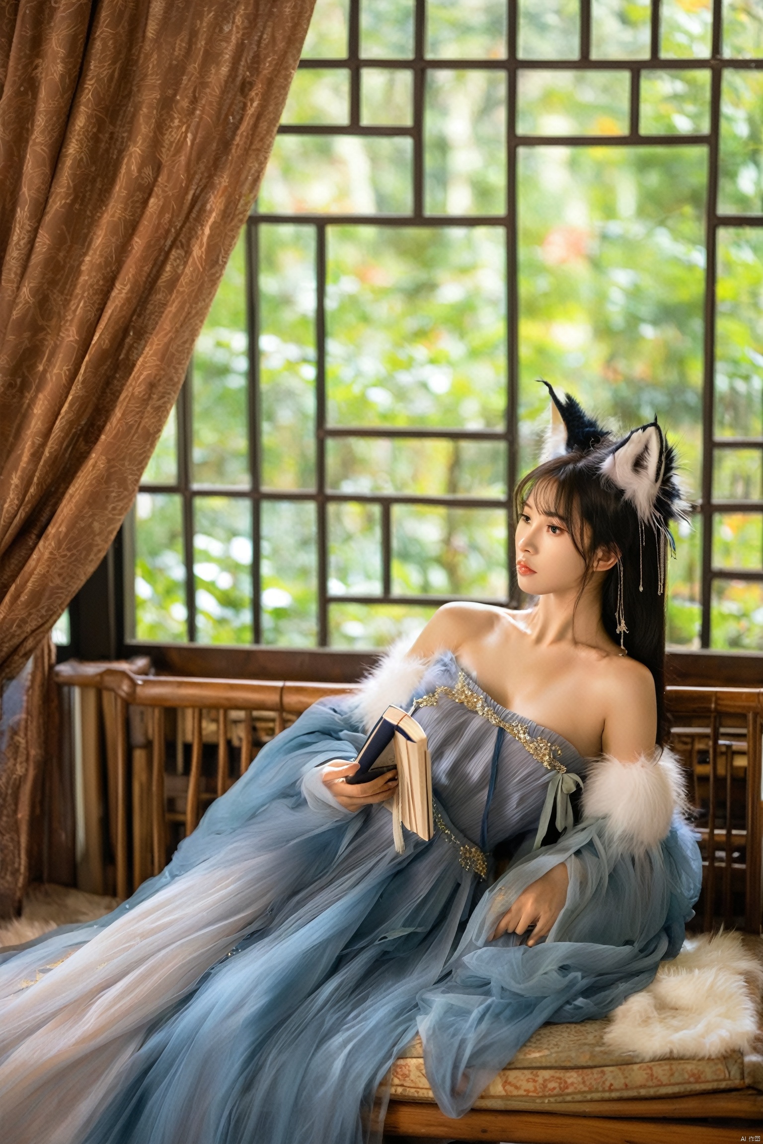 Lying on a couch by the window, the fox spirit holds a Bamboo Book in her hands. She's adorned in a blue off-shoulder long dress that slips down to her arms, the soft fabric accentuating her fox ears and a glimpse of her fluffy tail. Her gaze, though focused and profound as she reads, exudes an unintentional sensuality and allure. The room is bathed in the soft glow of the moonlight filtering through the window, creating a serene ambiance. The play of light and shadow across her dress adds a layer of depth and mystery, while the off-shoulder design of her garment teases with a subtle hint of her seductive form. It's an image that captivates, making it difficult for onlookers to avert their eyes.