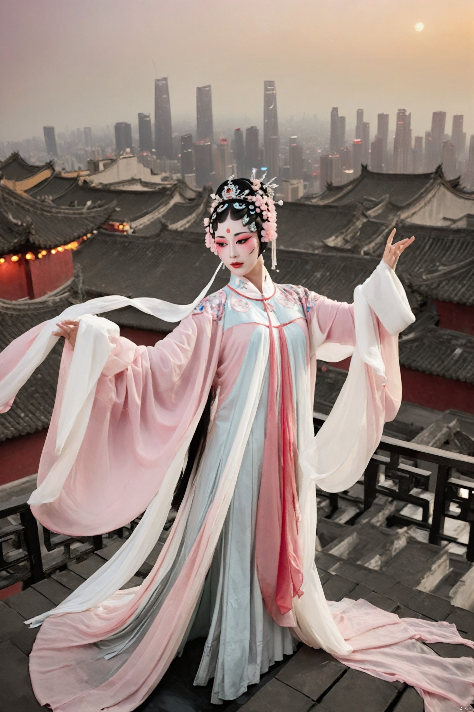 Surrealism, cyberpunk style, a young girl (dressed in traditional Chinese opera costumes and makeup: 1.3), spinning gracefully on the rooftop of a high-rise building (dancing with extremely long white sleeves: 1.4), pink petals fluttering down one after another, stage lighting (in front of the grand city under the night, high angle perspective: 1.4), the fusion of technology and traditional culture, stunning, cinematic,