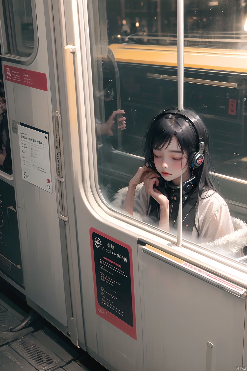  A Chinese girl leans against the door of a train, her eyes closed as she listens to music through her headphones. The train is passing through a city at night, and the city lights flicker in the window behind her. Her face is serene, a contrast to the bustling world outside. The scene captures a moment of personal tranquility amidst the urban chaos.