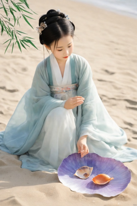 A little girl crouches on the beach, holding a colorful shell in her hands, her eyes full of wonder. Gentle waves lap at the shore, and sunlight sparkles on the sea, creating a serene and beautiful scene., traditional chinese ink painting,black and white ink painting, hanfu,willow branches