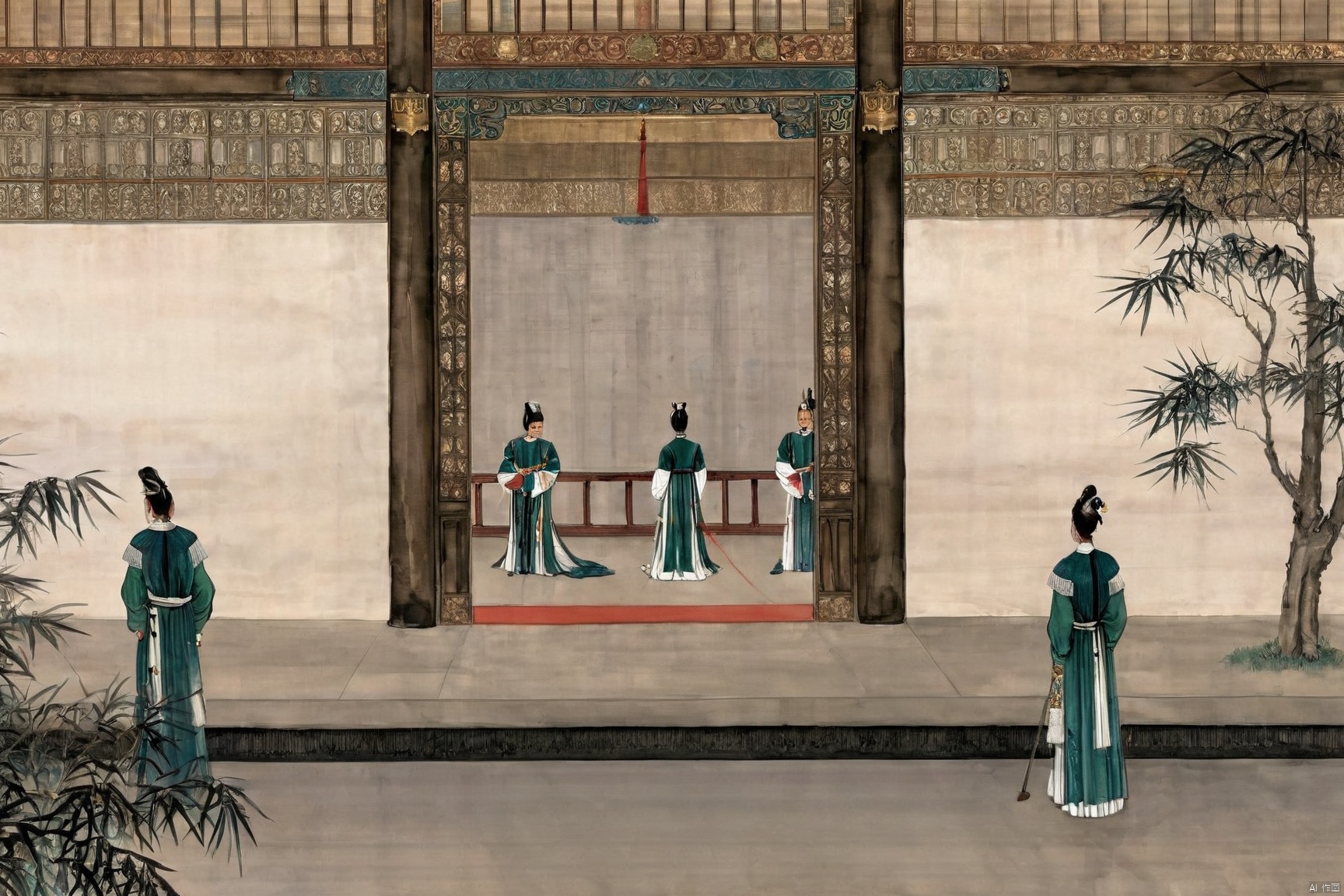 traditional chinese inkpainting,blackandwhiteinkpainting,the imperial palace, a hall of power, exudes its grandeur not only through its monumental architecture but also in the demeanor and atmosphere of the people within. The palace maids, dressed in splendid attire, glide gracefully along the corridors paved with green stone, their movements elegant and cautious, as if each step resonates with the heartbeat of history. The court officials, clad in their ceremonial robes, faces solemn, move through the towering palace walls and the resplendent halls, each bow a solemn act of reverence. The emperor, the sovereign of the nation, sits on his throne, his majesty as imposing as the palace itself, commanding respect and awe. Here, every breath is filled with ceremony, every glance exchanged brimming with veneration.