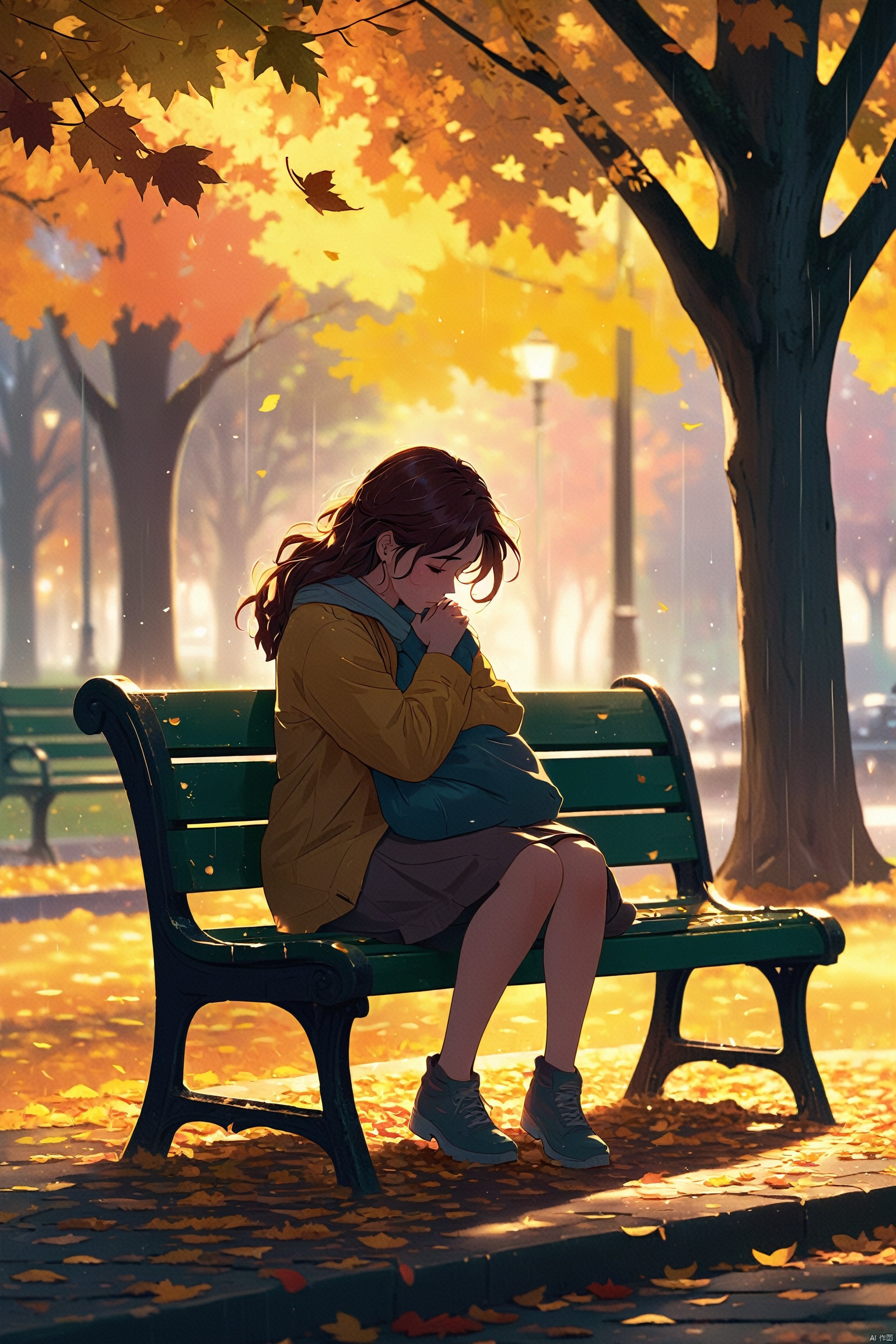 On a park bench, a young woman curls up, hugging her knees, with tears streaking her cheeks. The surrounding trees sway in the wind, and the fallen leaves appear particularly vibrant after the rain. Her silhouette on the bench is exceptionally lonely, as if the world is keeping its distance from her.