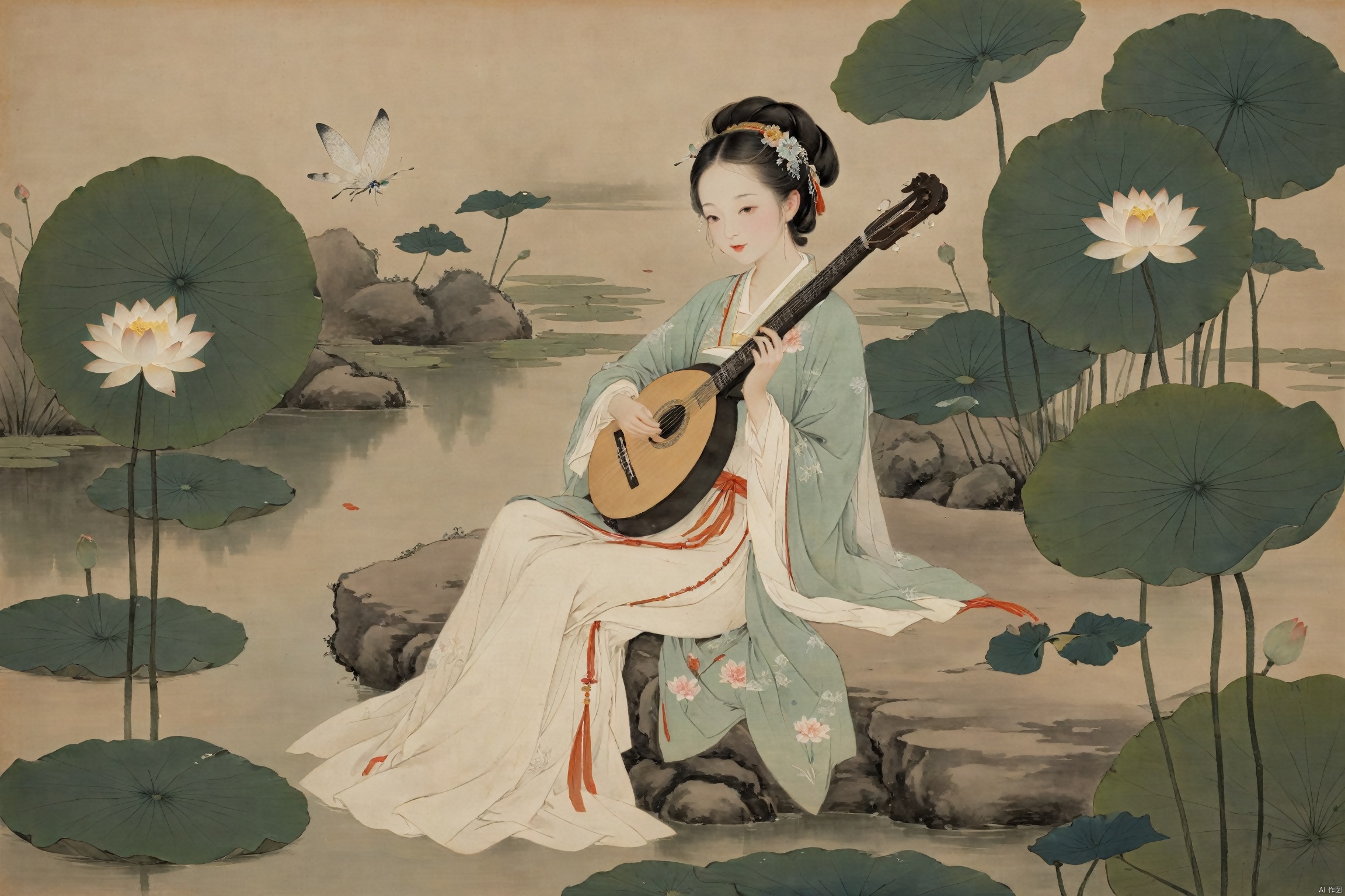 The woman, dressed in traditional Hanfu, sits on a green stone by the pond, gently strumming her biwa lute. The blooming lotus flowers and darting dragonflies complement the melodious notes of the pipa, creating a harmonious scene of movement and stillness., traditional chinese ink painting