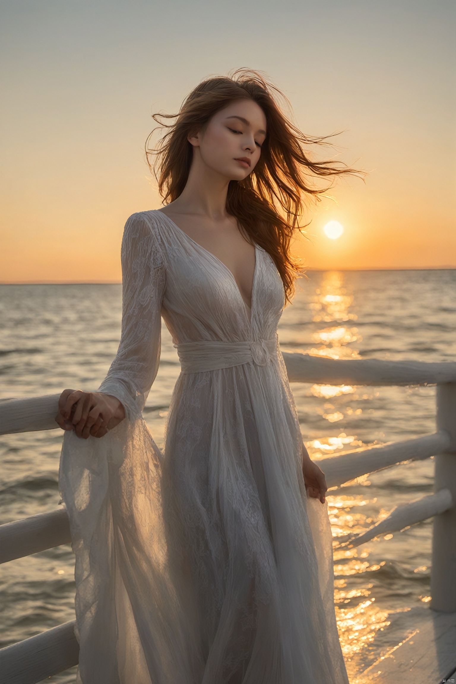 A woman in a flowing dress stands on a pier, her eyes closed as she feels the warm breeze off the water. The sun's rays create a halo around her, and the light dances on the waves, creating a mesmerizing scene of tranquility.