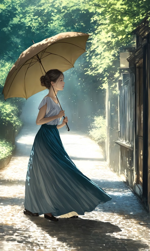  (masterpiece),(bestquality),[realistic,octanerender,3DCG],In a cobblestone alley, a woman dressed in a vintage-style long dress holds an antique parasol. Her steps are light, as if she has traveled through time to an era full of poetry. Sunlight filters through the gaps in the leaves, casting dappled shadows on her face, adding a touch of classical beauty to her profile.