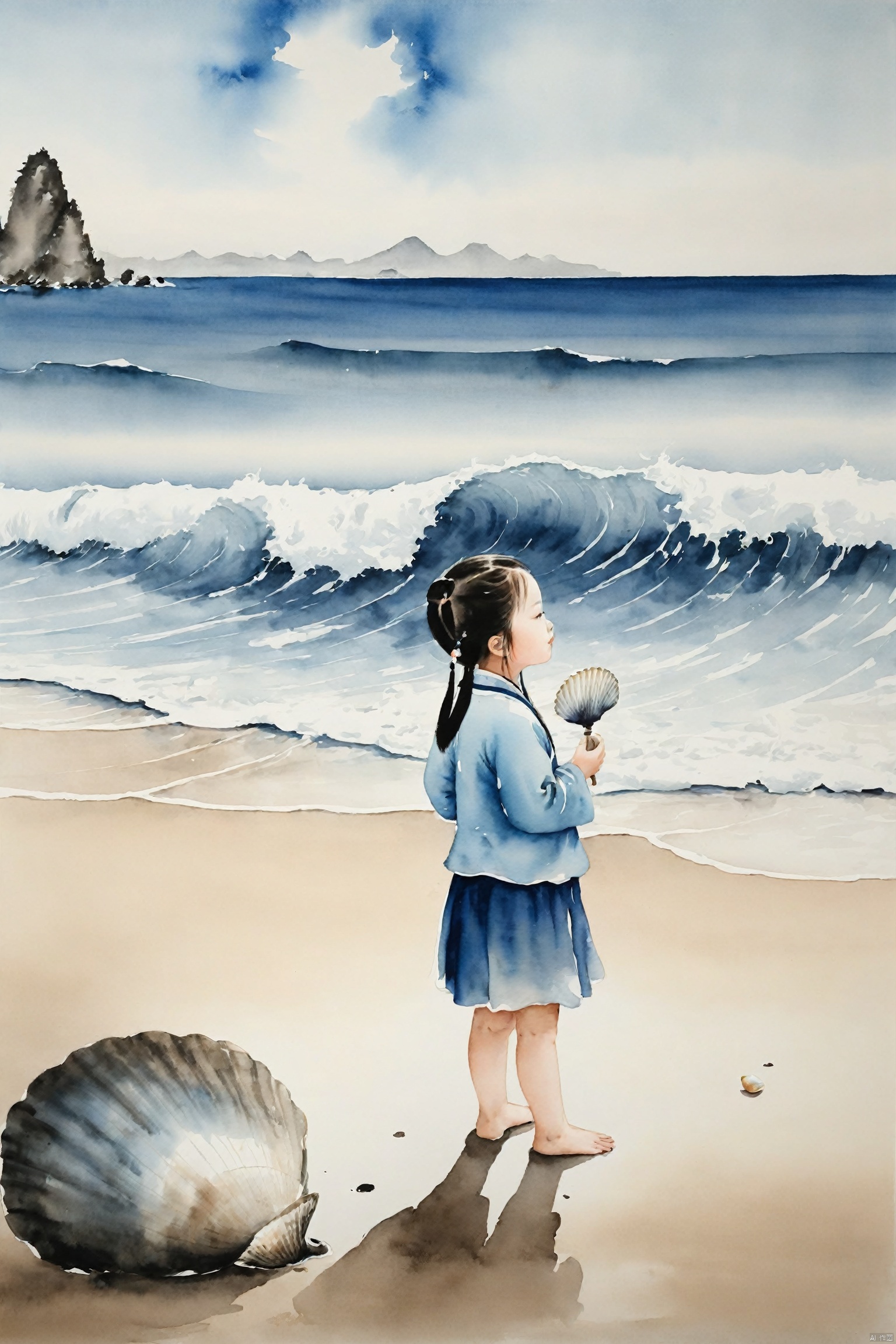  traditional chinese ink painting,A little girl on the beach by the sea, holds a seashell in her hand, intently listening to the sound of the waves. Behind her is a vast expanse of blue ocean, with waves gently lapping the shore, creating a harmonious scene with the girl's tranquility.