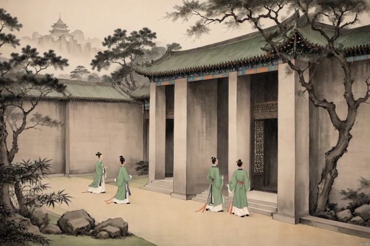 traditional chinese inkpainting,blackandwhiteinkpainting,the imperial palace, a hall of power, exudes its grandeur not only through its monumental architecture but also in the demeanor and atmosphere of the people within. The palace maids, dressed in splendid attire, glide gracefully along the corridors paved with green stone, their movements elegant and cautious, as if each step resonates with the heartbeat of history. The court officials, clad in their ceremonial robes, faces solemn, move through the towering palace walls and the resplendent halls, each bow a solemn act of reverence. The emperor, the sovereign of the nation, sits on his throne, his majesty as imposing as the palace itself, commanding respect and awe. Here, every breath is filled with ceremony, every glance exchanged brimming with veneration., traditional chinese ink painting