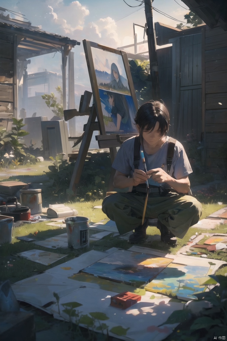  A painter works on a canvas at a war site, depicting a vibrant garden that stands in stark contrast to the desolation around him. Sunlight breaks through the clouds, illuminating his canvas and the hope within him, showing that even in the darkest times, art can bring light.