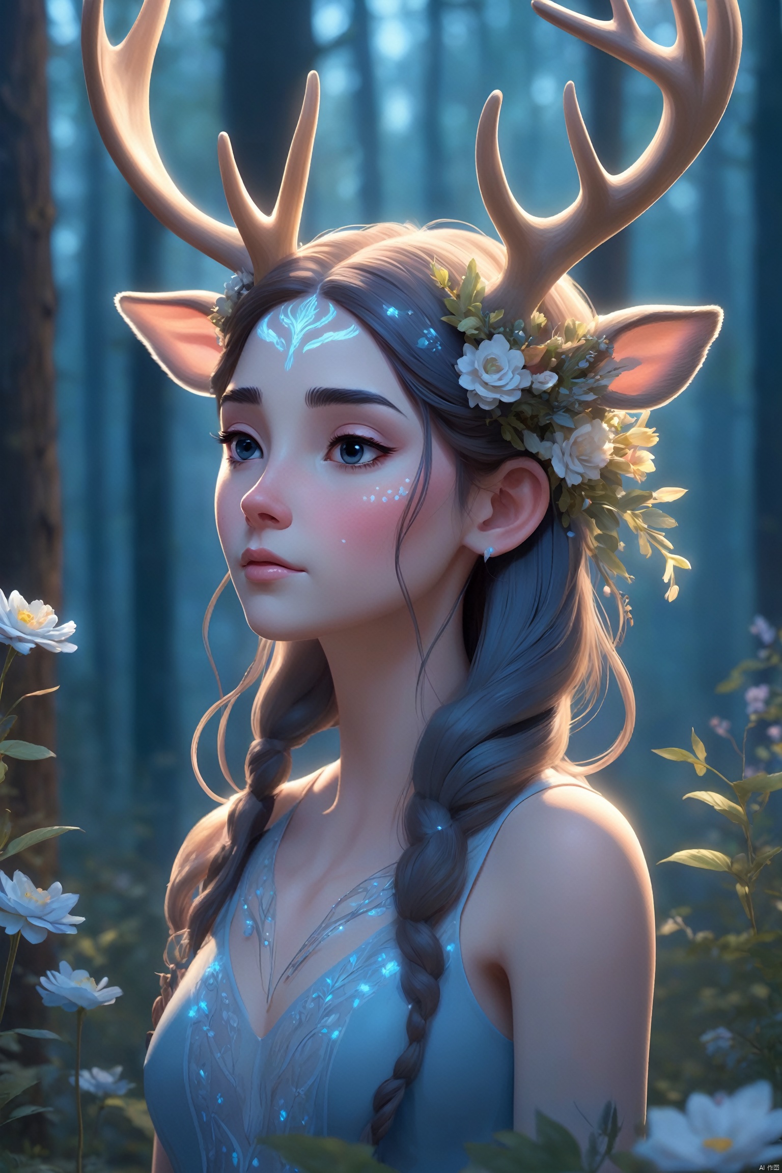 A character with the features of a deer, her antlers adorned with flowers, stands in a forest clearing at twilight. The soft, blue light of the evening sky filters through the trees, casting a cool, ethereal glow on her face and the delicate patterns on her fur. The forest is quiet, and the light creates a peaceful ambiance as she gazes into the distance.