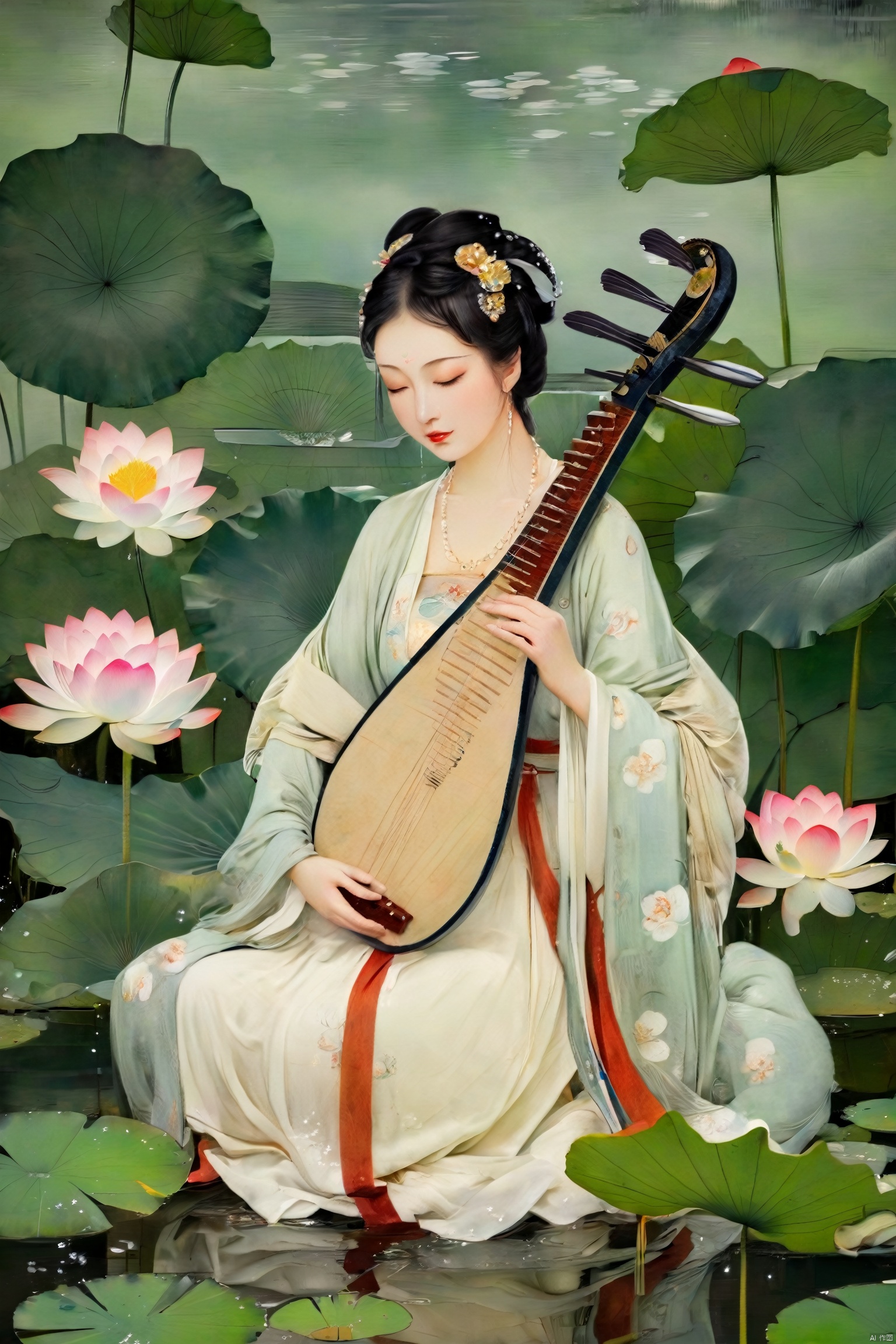 The woman, dressed in traditional Hanfu, sits on a green stone by the pond, gently strumming her biwa lute. The blooming lotus flowers and darting dragonflies complement the melodious notes of the pipa, creating a harmonious scene of movement and stillness.