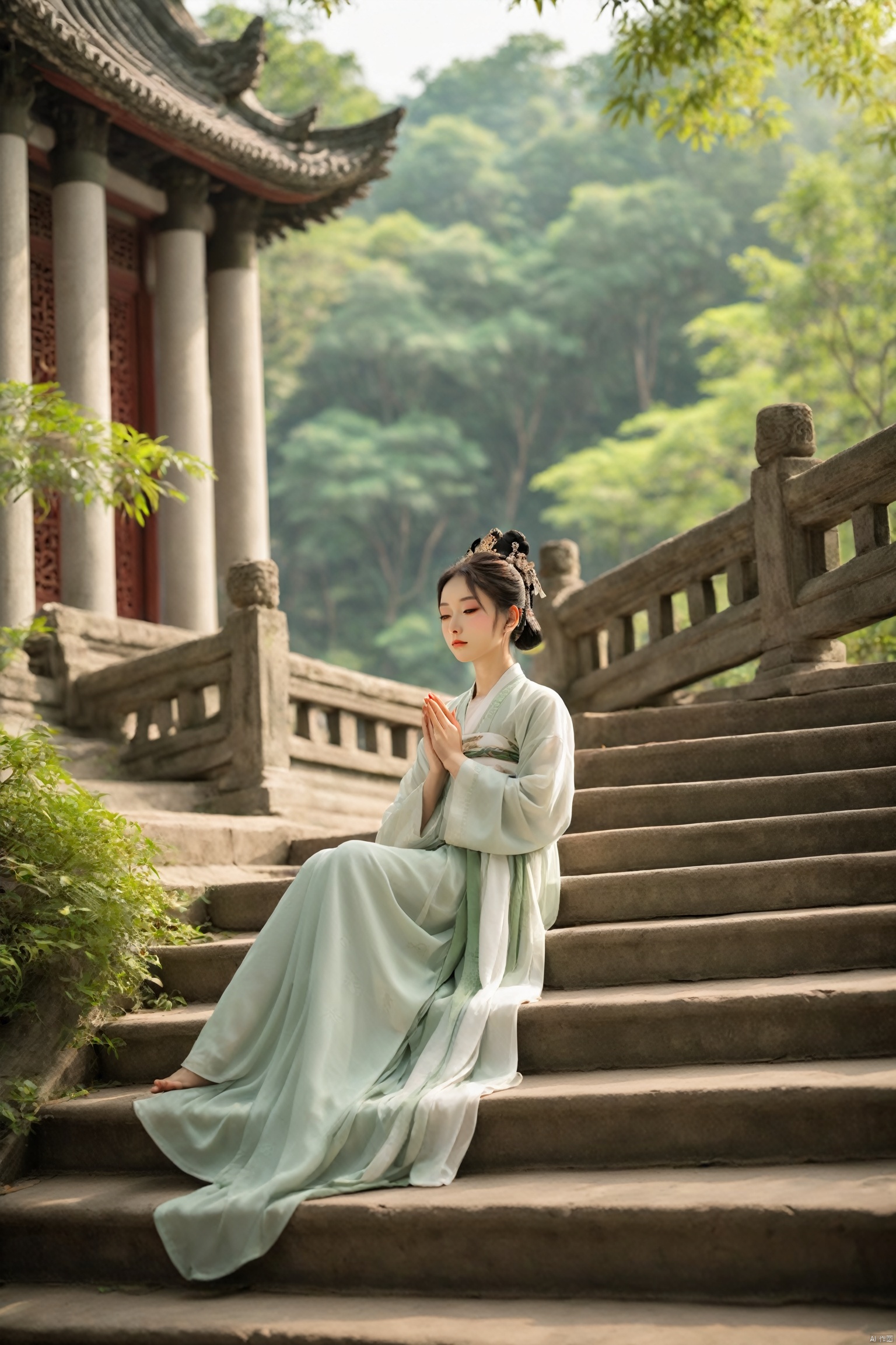 A Chinese girl sits on the steps of an ancient temple, her hands folded in her lap. The temple is surrounded by a lush, green forest, and the air is filled with the scent of incense and the sound of distant chanting. She is lost in thought, her face a picture of serenity, as if finding solace in the sacred space. The scene is a moment of spiritual tranquility, a retreat into the peace of the temple., hanfu