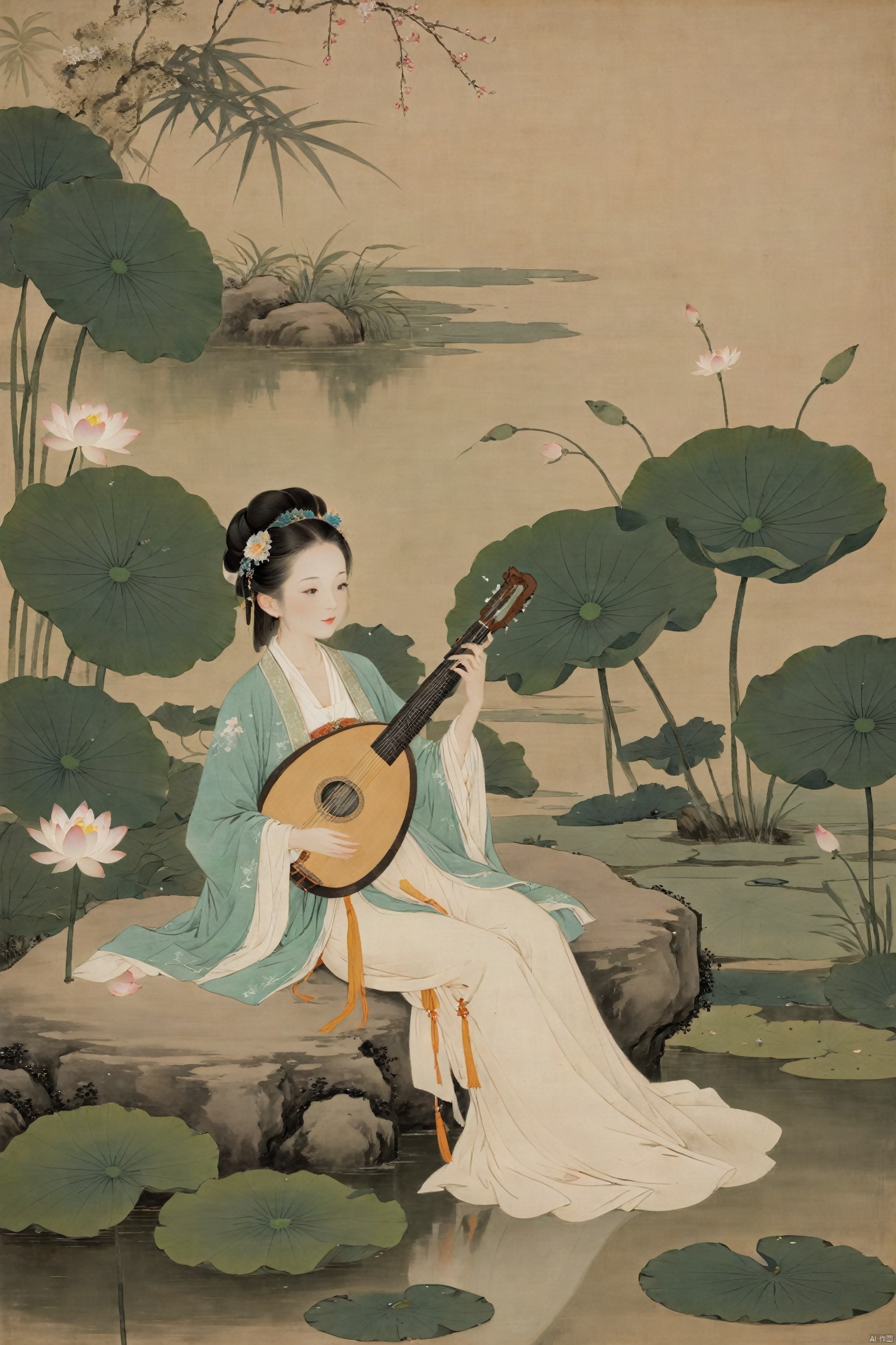 The woman, dressed in traditional Hanfu, sits on a green stone by the pond, gently strumming her biwa lute. The blooming lotus flowers and darting dragonflies complement the melodious notes of the pipa, creating a harmonious scene of movement and stillness., traditional chinese ink painting