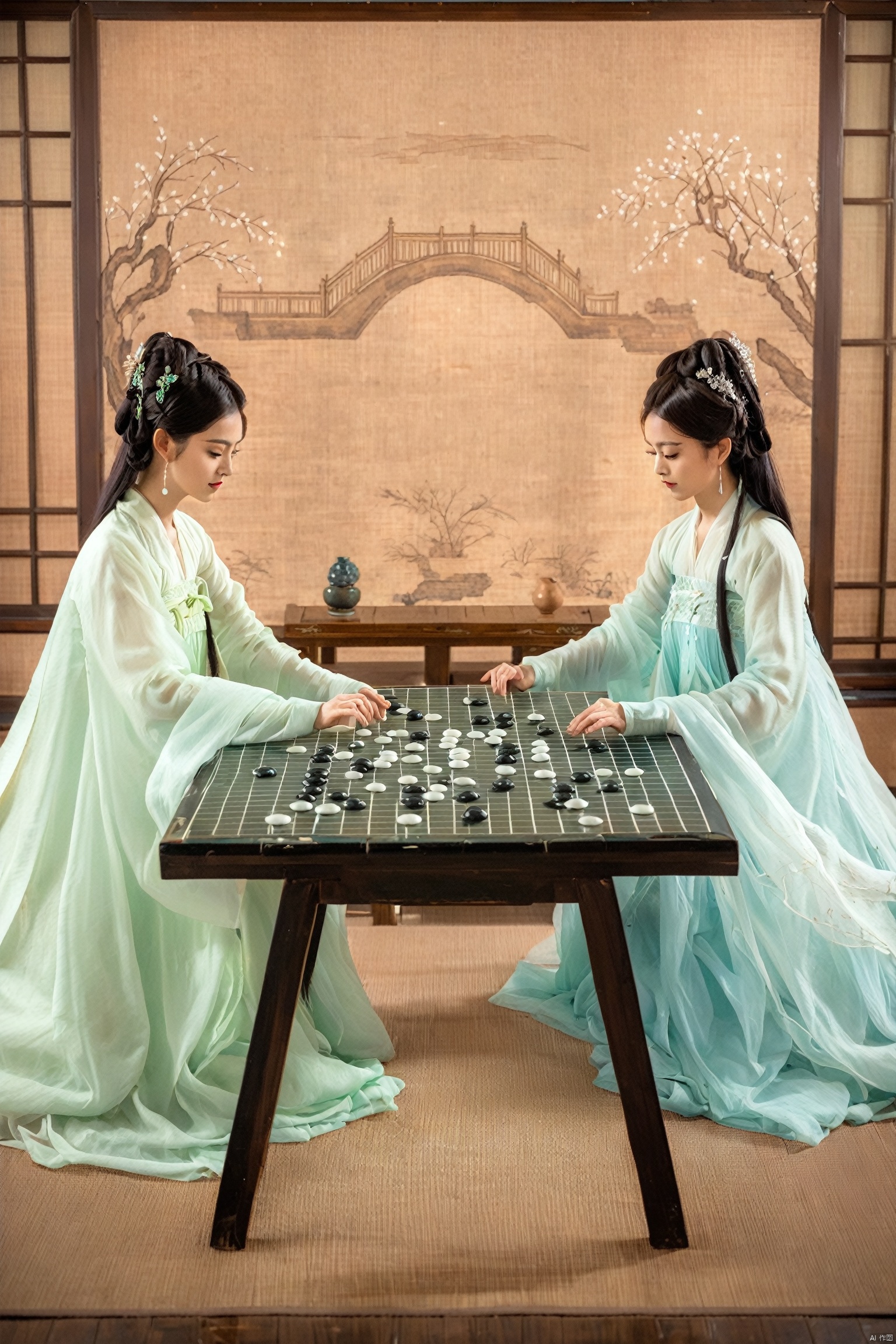 In a room adorned with traditional Chinese art, two women sit at a weiqi table, their focus solely on the game. The woman in white is a vision of concentration, her fingers moving with the grace of a dancer as she places a stone on the board. Her hanfu dress, with a high collar and a neckline that hints at her cleavage, is a canvas for the delicate embroidery that adorns it. The fabric of her dress flows like a stream around her, a visual representation of the fluid game of weiqi.
Her opponent, in a green that complements the room's decor, is equally engrossed in the game. Her hanfu, with its high collar and fitted silhouette, accentuates her form, while the dress's neckline reveals a tantalizing view of her décolletage. As they play, their eyes meet over the board, and there's a spark of friendly competition, their shared love for the game evident in their expressions.