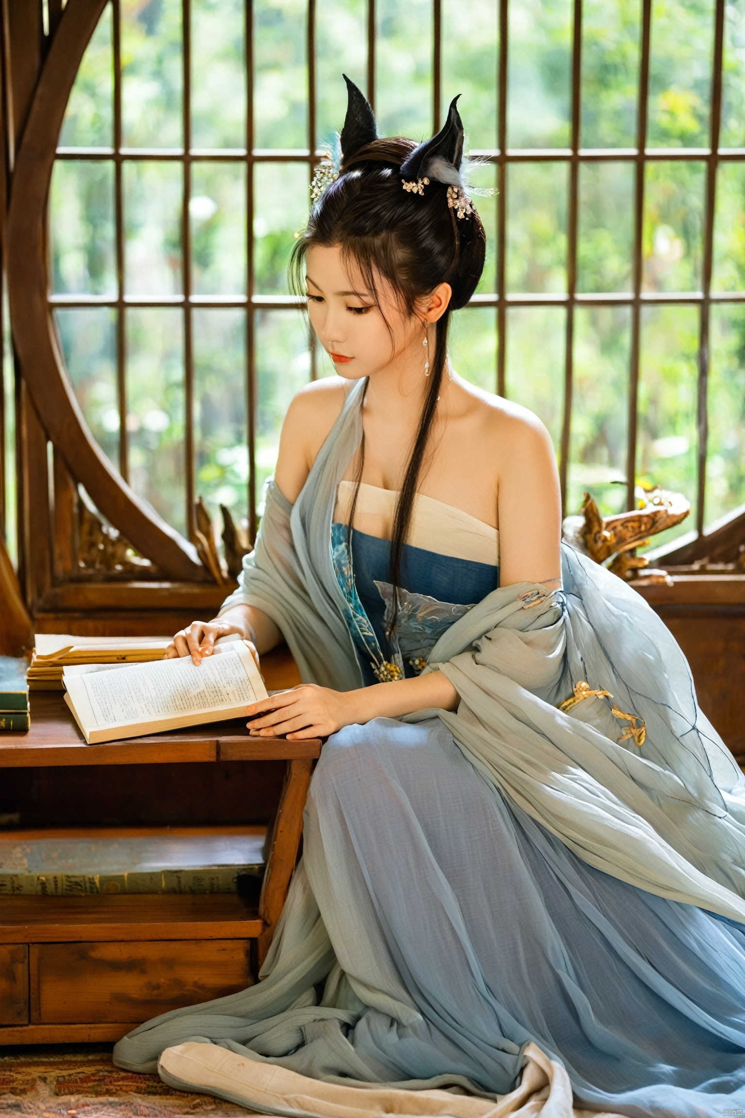 In a study filled with ancient books, a fox spirit sits on a couch by the window, holding a Bamboo Book. She wears a blue off-shoulder long dress, the hem falling to her arms, revealing her fox ears and a snippet of her tail. Her gaze is focused and profound, but an unintentional sensuality and allure leak through, making it hard for onlookers to look away.